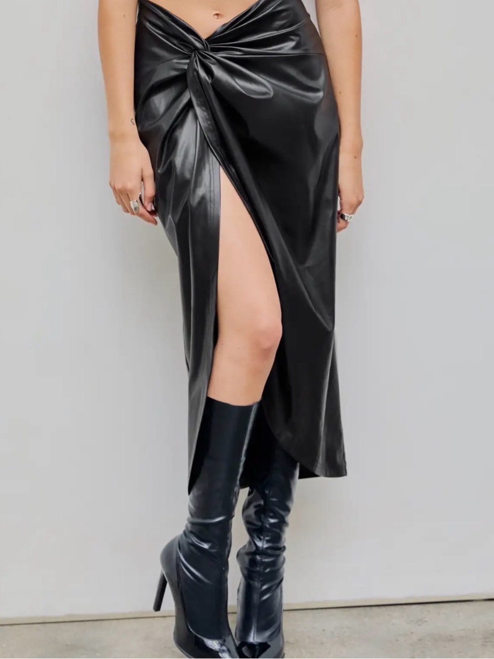 Cider Black Faux Leather Twist Front Midi Skirt with Side Slit